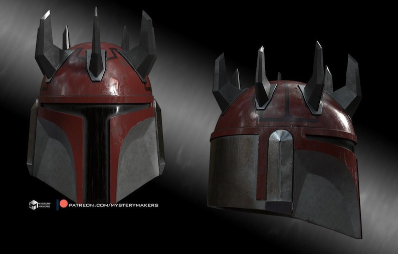 Puede incluir: Imagen en dos vistas de un casco rojo y gris con protuberancias negras angulares. El dise&ntilde;o es futurista, con una visera y una forma distintiva. La imagen sugiere un tema de ciencia ficci&oacute;n, siendo el dise&ntilde;o del casco una caracter&iacute;stica clave.