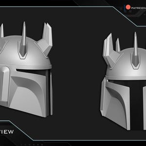 Puede incluir: Un casco gris mandaloriano con una distintiva visera en forma de T y un dise&ntilde;o angular. El casco presenta m&uacute;ltiples p&uacute;as verticales y una est&eacute;tica elegante y futurista. La imagen incluye el texto "STL PREVIEW".