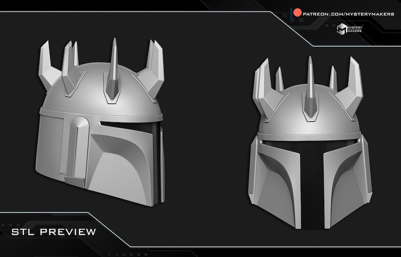 Puede incluir: Un casco gris mandaloriano con una distintiva visera en forma de T y un dise&ntilde;o angular. El casco presenta m&uacute;ltiples p&uacute;as verticales y una est&eacute;tica elegante y futurista. La imagen incluye el texto "STL PREVIEW".