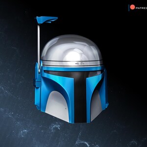 May include: A blue and silver helmet with a visor. The helmet has a blue stripe across the top and a silver stripe across the bottom. The helmet is a popular character from the Star Wars franchise.