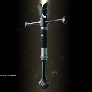 May include: A black and silver lightsaber with a cross-shaped hilt and a glowing blue blade.