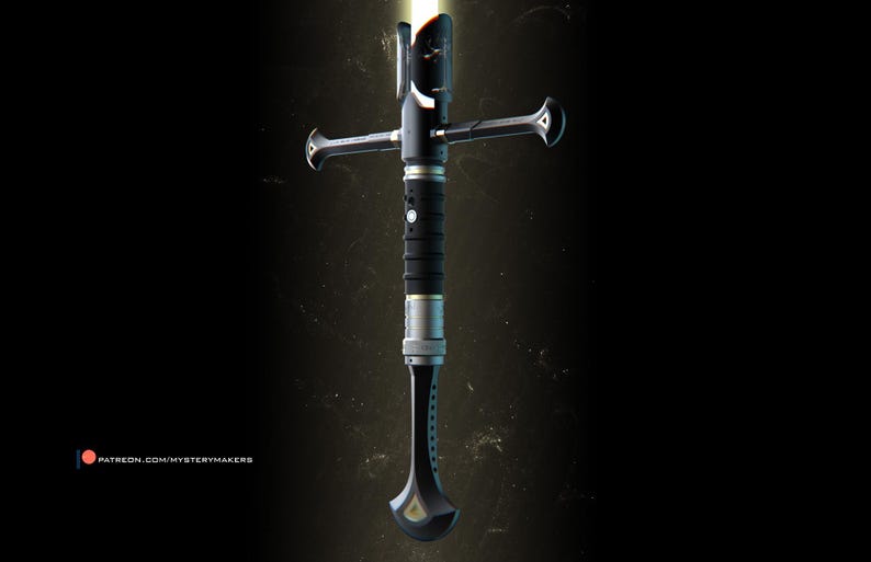 May include: A black and silver lightsaber with a cross-shaped hilt and a glowing blue blade.