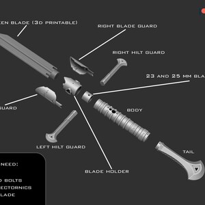 May include: A disassembled lightsaber hilt with various parts labeled, including the body, blade holder, tail, and blade guard. The image also includes instructions for assembly, noting that additional parts are required, such as screws, bolts, and a lightsaber blade.