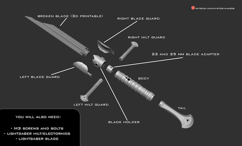 May include: A disassembled lightsaber hilt with various parts labeled, including the body, blade holder, tail, and blade guard. The image also includes instructions for assembly, noting that additional parts are required, such as screws, bolts, and a lightsaber blade.