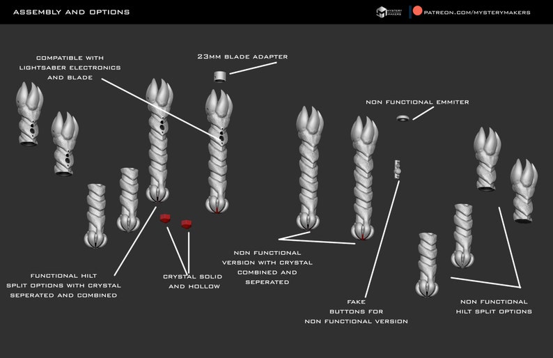 May include: An exploded diagram of lightsaber components, including a 23mm blade adapter, functional hilts, and non-functional emitters. The image shows various assembly options, with text labels indicating compatibility and features. The text "ASSEMBLY AND OPTIONS" is at the top.