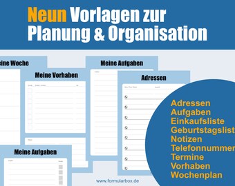 Plan semanal, tareas, direcciones, lista de cumpleaños, números de teléfono, lista de compras, citas y notas para imprimir.