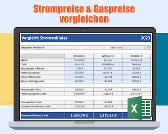 Compara precios de electricidad y precios de gas de hasta 3 proveedores de forma rápida y sencilla. Plantilla de Excel lista para descargar inmediatamente.
