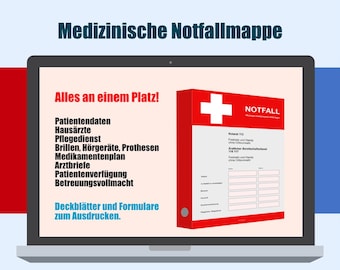 Carpeta de emergencias médicas, archivo PDF imprimible. Para uso privado. Incluye portadas, formularios y libro electrónico.