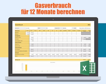 Calcule el consumo y los costos de gas durante 12 meses. Plantilla de Excel para consumo de gas residencial y comercial. Disponible para descarga inmediata.