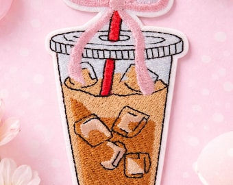 Iced Coffee Iron On Patch, Cute Coffee Embroidered Patch, Pink Bow Coffee Patch, Coffee Lover Gift, Tote Bag Jacket Backpack Patch
