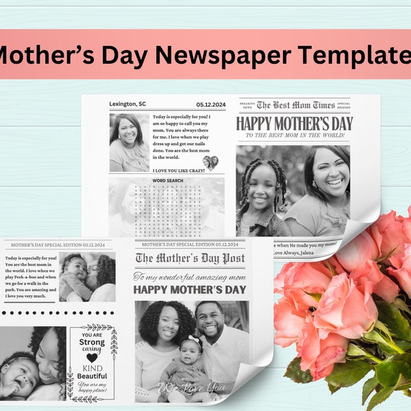 Mother's Day Gift Newspaper Template, Editable Canva Template, Flower Bouquet Wrap, Custom Mother's Day Gift, Mother's Day Card, Printable