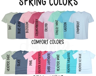 Carta de colores de primavera, Carta de colores Bella + Canvas, Carta de colores de confort, Carta de colores para camisetas