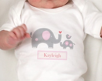 Personalized Baby Vest, Cute Elephant Design, 0-3 Months, New born Baby Bodysuit, Pink or Blue, Boy or Girl