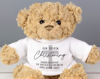 Personalized Christening Teddy Bear, 'On Your Christening' Fixed Wording, Commemorative Gift for Child, Memento Keepsake