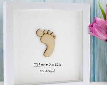 Personalized Nursery Wall Art, Baby Foot in Boxed Frame with Child's Name & Birth Date, New Baby Gift, Boy or Girl, New Parent Gift