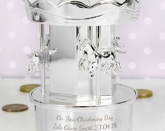 Personalized Carousel Money Box, Silver Plated, Custom Engraving, Gift for Child, Baptism, Dedication, Holy Communion, Birthday, New-born