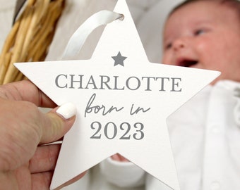 Personalised Born In Wooden Decoration, Hanging Star, Nursery, Birth Announcement, Baby Gift