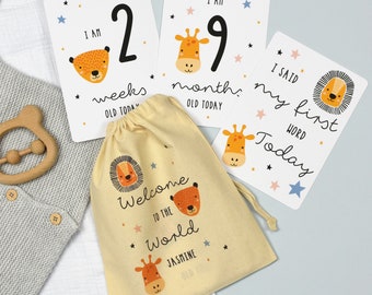 Baby Milestone Cards in Pouch, Welcome to the World Baby, New Baby Gift, Cute Scandi-style Animal Print, Lion, Giraffe, Unisex Baby Gift