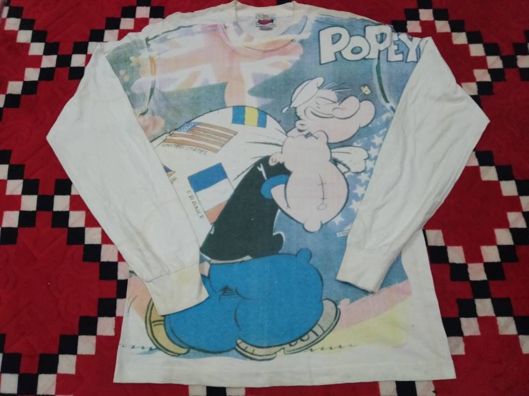 Vintage 90's Popeye Cartoon Overprint Long Sleeves Large T Vintage 90's Popeye Cartoon Overprint Long Sleeves Large T