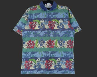 Koszulka polo Fila Biella Italia z nadrukiem kwiatowym w stylu vintage z lat 90., średniej wielkości, Fila, kwiaty, pełny nadruk, swobodna, z krótkim rękawem, rozmiar M