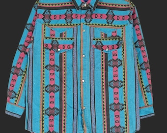 vintage aztèque navajo western multicolore chemise petit bouton-pression Brushpopper tribal rayé sud-ouest boutonné rodéo natif S