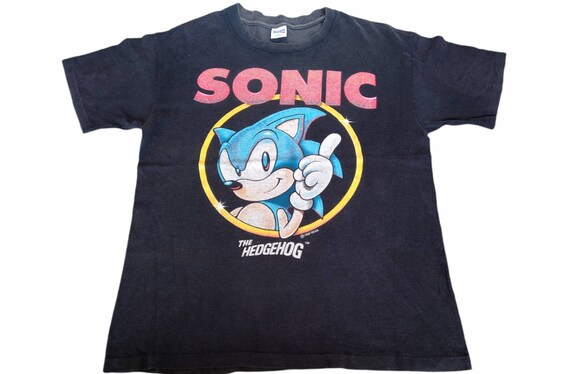 Vintage 90's Blue Sonic the Hedgehog Cartoon Black Large T Shirt