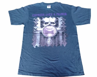 Vintage 90's Emerson Lake And Palmer Blue English Progressive Rock Large T Shirt World Tour 1996 Shirts Band Tees Concert Genre  Size L