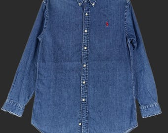 Vintage Polo Ralph Lauren Jeans Shirt Large 90s Polo Pony Blue