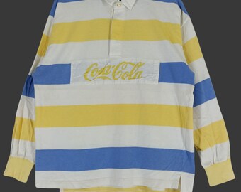 Vintage 90's Coca Cola Carbonate Drink Water Yellow Stripe Color Block Large Polo Rugby Shirt Coca Cola Rugby Long Sleeves Shirt Size L