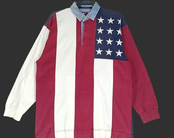 Vintage 90's Tommy Hilfiger American Flag Polo Rugby Medium Shirt Tommy Hilfiger Big Logo Rugby Polo Shirt Size M