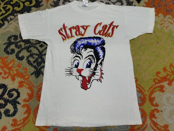 Vintage 80's Stray Cat American Rockabilly White Medium T