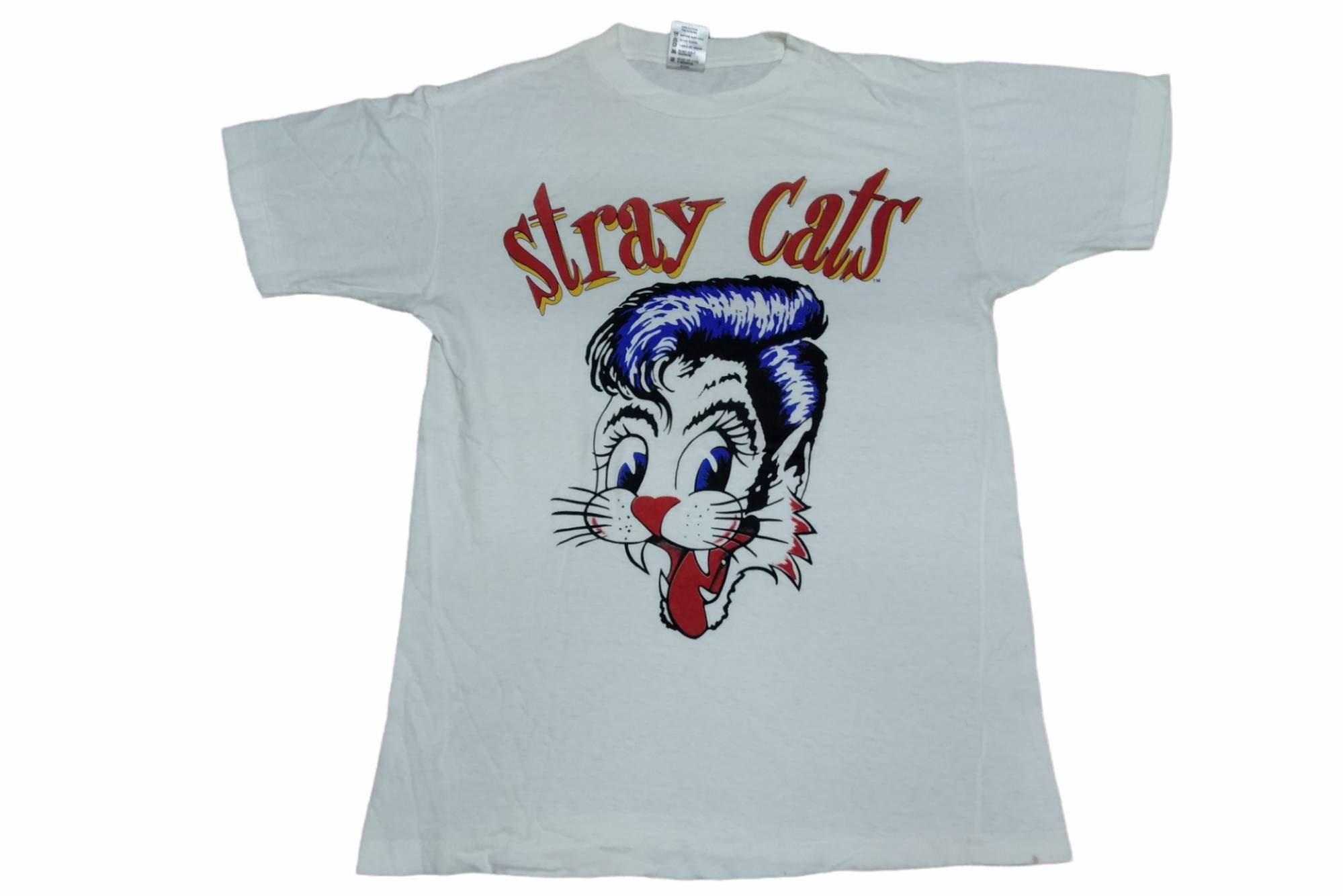 Vintage 80's Stray Cat American Rockabilly White Medium T Shirt