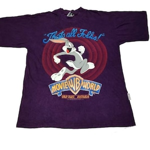 Vintage 90s Bug Bunny Movie World Disney Purple Cartoon Network Large T Shirt Gold Coast Australia Size L