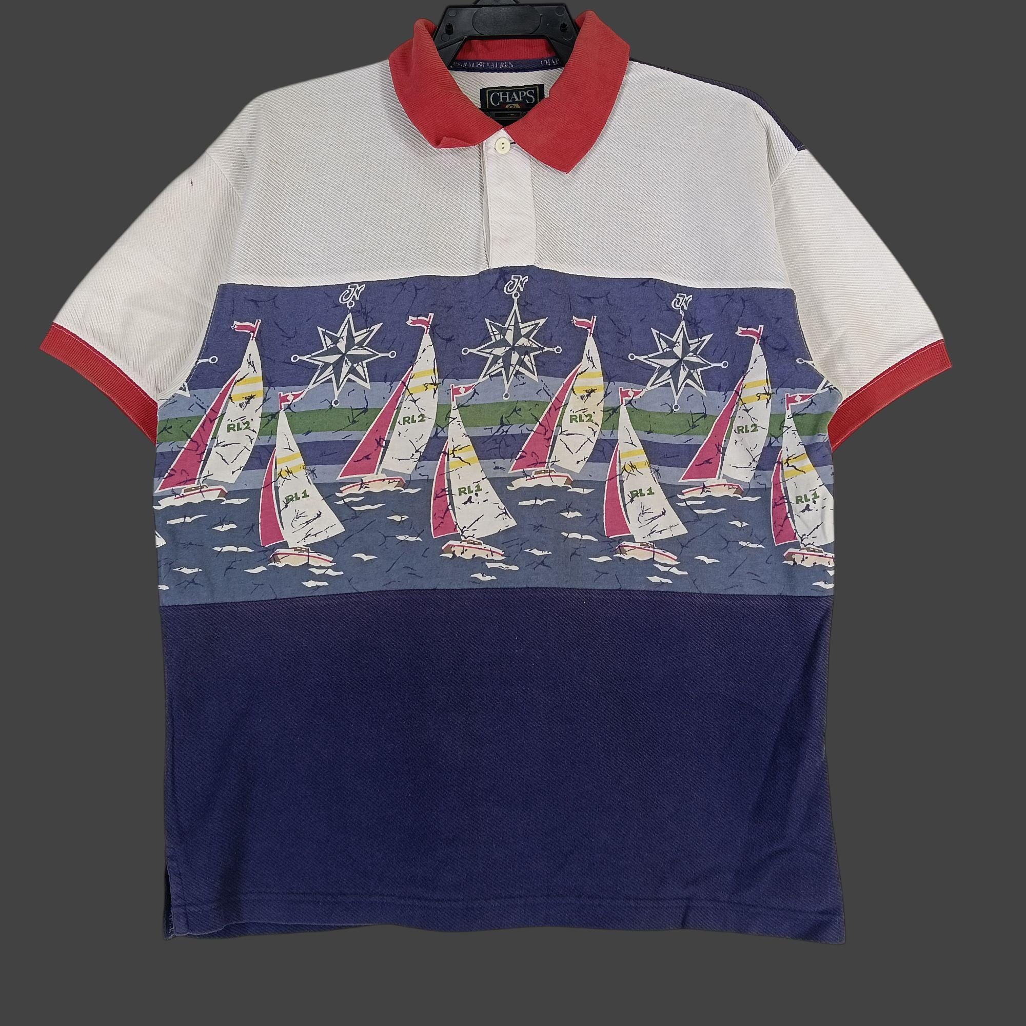 Vintage 90's Chap Ralph Lauren Overprint Ship Large Polo Shirt