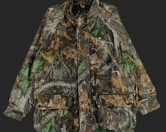 Jaqueta vintage clássica com zíper, camuflagem de árvore real, grande, camuflagem de carvalho musgoso, bomber, militar, caça, madeira nobre, floresta, tamanho G