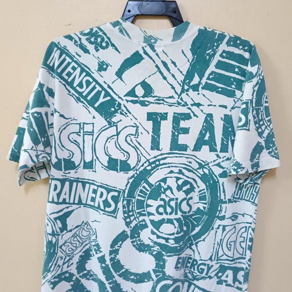 Vintage 90's Asics Overprint Multicolor Large T Shirt Asics Big