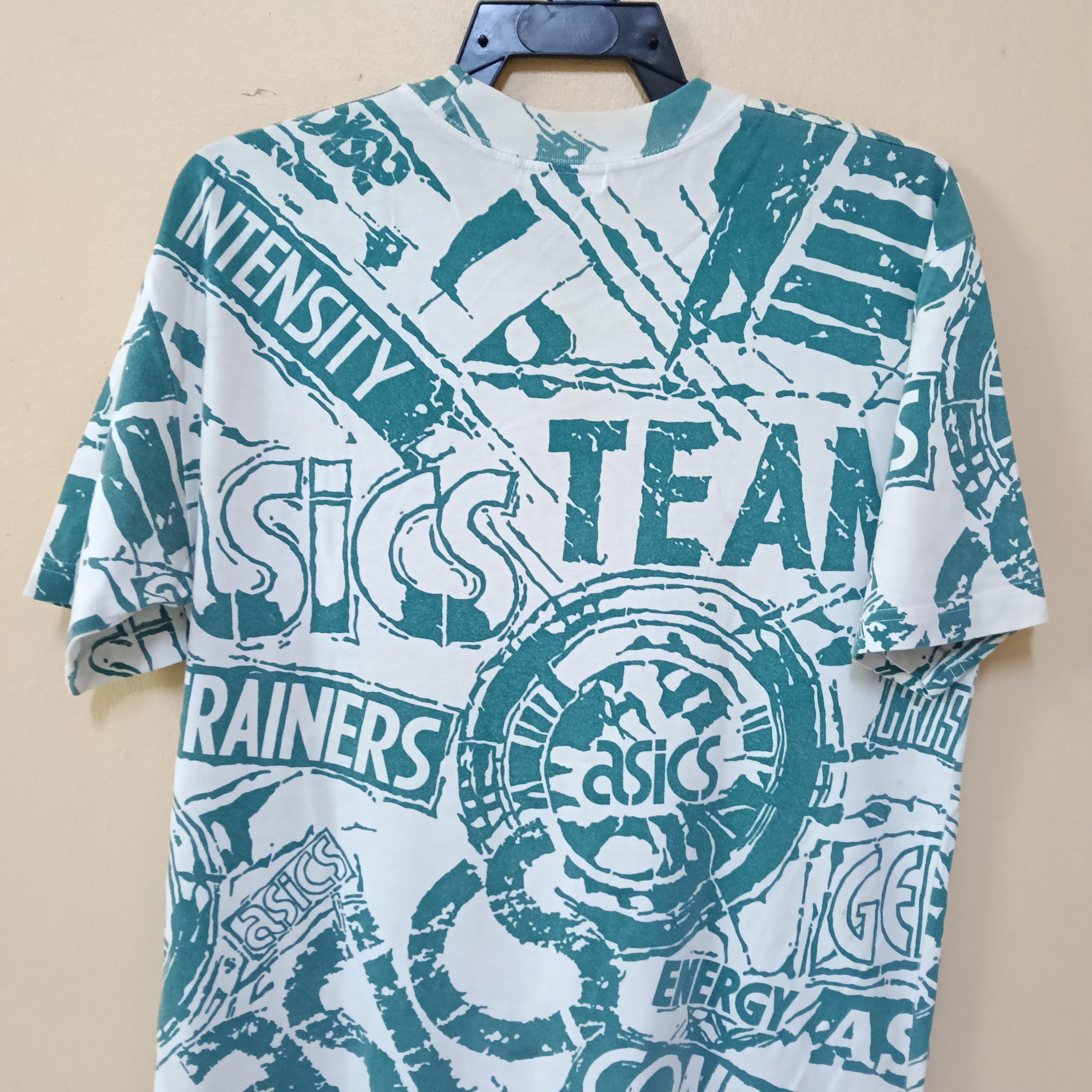 Vintage 90's Asics Overprint Multicolor Large T Shirt Asics Big