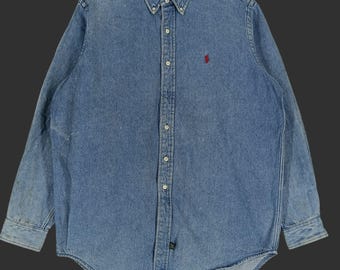Vintage Polo Ralph Lauren Jeans Shirt Large 90s Polo Pony Blue