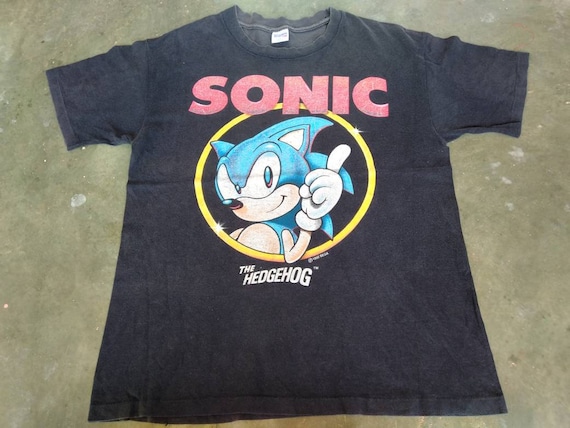 ★MIDNIGHT MOVE★ stripe t blue Vintage 90's Blue Sonic the Hedgehog Cartoon Black Large T