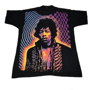 Vintage 90&#39;s Jimmy Hendrix American Guitarist Singer SongWriter Overprint Xlarge Black T Shirt Genre Music  Rock Size XL