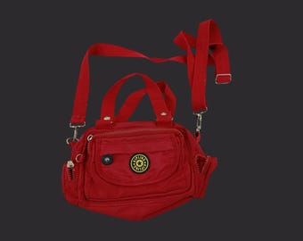 Vintage Kipling Red Sling Beg Multi Pocket Kipling Beg Multi-Purpose Zipper Pouch Kipling Mini Crossbody Sling Bag Functional & Fashionable