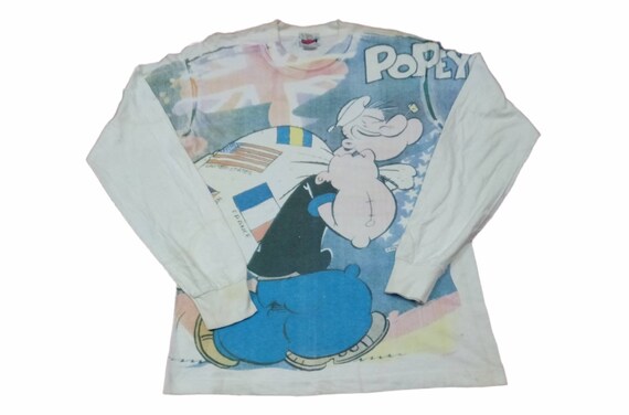 Vintage 90's Popeye Cartoon Overprint Long Sleeves Large T Vintage 90's Popeye Cartoon Overprint Long Sleeves Large T