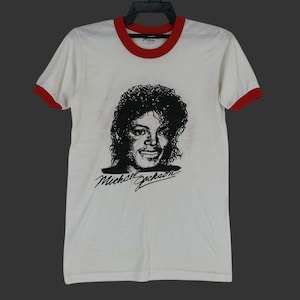 Vintage 80&#39;s Micheal Jackson White Ringer Small TShirt Micheal Jackson King Of Pop Music Dance Concert The Jackson Victory Tour Size S