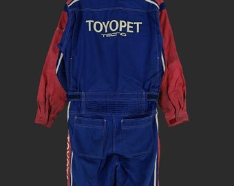 Vintage 90s Toyota Toyopet Tecno Japan Blue Red Coveralls Large Toyota Motorsport Boilersuit Factory Mechanic Coveralls Workwear Size L