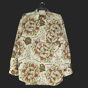 Vintage Royalty Baroque Viscose Shirt Medium Designer Pop Art Novelty Baroque Casual Oxfords Gold Chain Luxury Button Up Size M