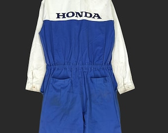 Macacão de trabalho vintage Honda azul e branco, tamanho 3G (Grande), estilo mecânico, anos 90, com bolso duplo. Ideal para mecânicos de corrida da Honda.