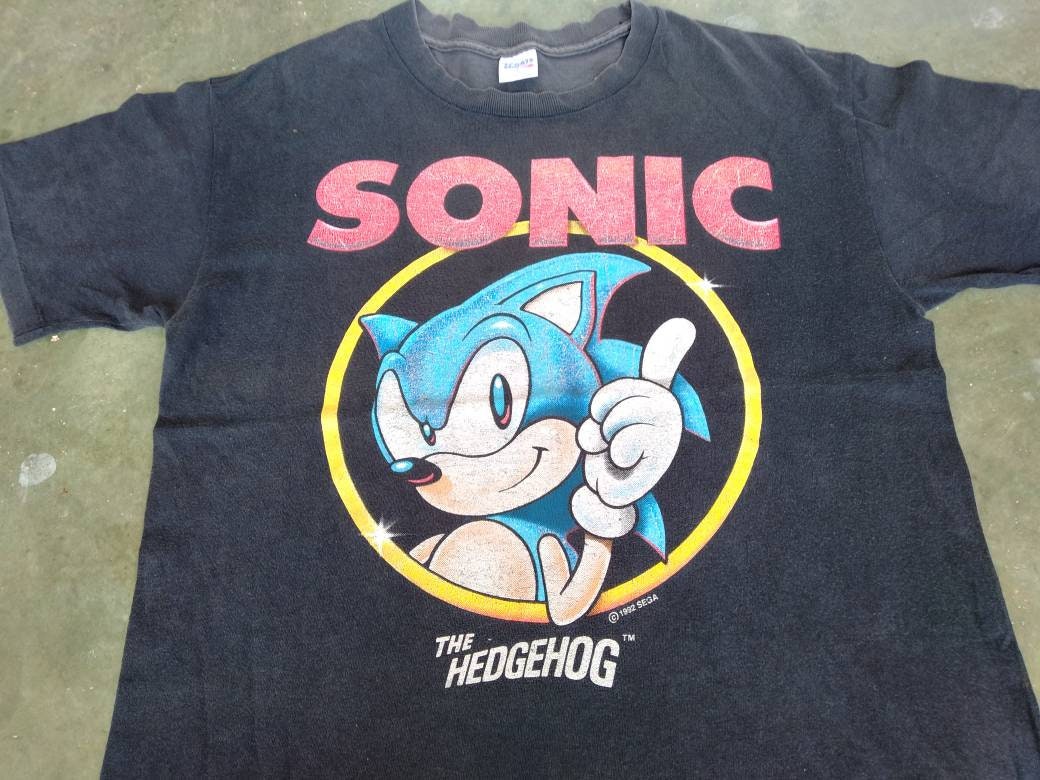 Vintage 90's Blue Sonic the Hedgehog Cartoon Black Large T Shirt