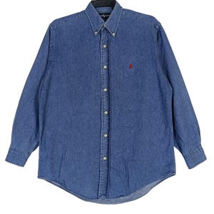 Vintage Polo Ralph Lauren Jeans Shirt Medium 90s Polo Pony Blue Denim Oxfords Polo Ralph Lauren RL 67 Jeans Button Up Shirt Size M