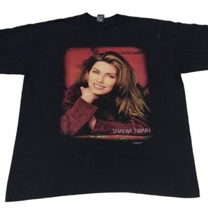 Vintage 90&#39;s Shania Twain Canadian Solo Singer Songwriter Black XLarge T Shirt Genre Music World Tour Concert Size XL