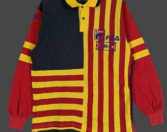 Vintage anni '90 Fila Biella Italia Polo a righe multicolor Grande Fila Sportwear Camicia retrò a righe Uomo FIla Ricamo Camicia Taglia L